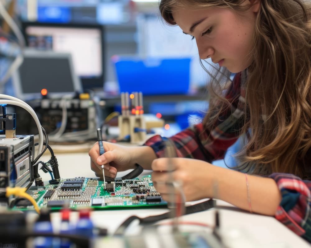 Technician working on a printed circuit board